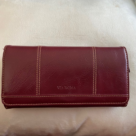 Via Roma Vintage Wallet Zippered Clutch Burgundy Snap Pockets Compartments - Picture 4 of 15